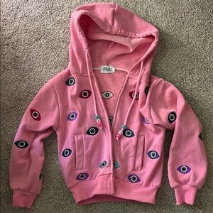 Lola + The Boys Pink Hooded Zip Sweatshirt with Embroidered Eye Appliqués